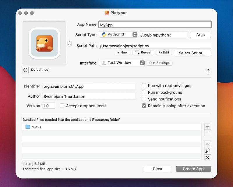 来源 Tw93：假如你想把一个命令脚本变成一个原生的 Mac 应用，可以试试 Platypus 这个工具，很简单配置一下就可以打包出来，基本够用，这样你可以很方便把你写的命令行工具分享给到不懂技术的小伙伴使用，PS 他的 Logo 我很喜欢