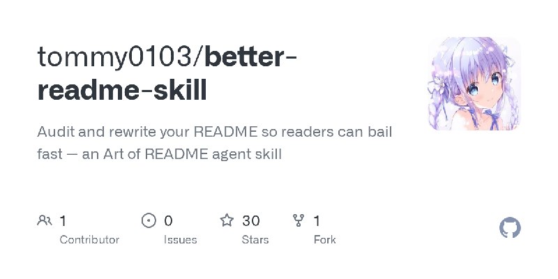 GitHub - tommy0103/better-readme-skill: Audit and rewrite your README so readers can bail fast — an Art of README agent skill