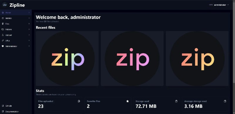 Zipline: 开箱即用的自托管文件分享平台• 支持 Docker 一键部署，快速上线  • 丰富的功能：文件夹、标签、URL 缩短、OAuth2、2FA、密码保护等  • 可选本地或 S3 存储，配合自定义主题与 PWA  