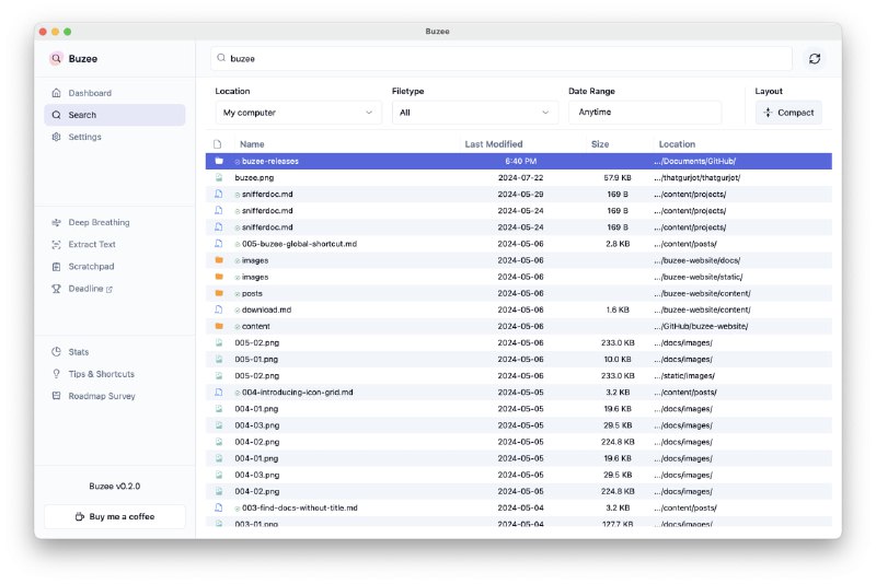 #文件 #搜索 #开源 Buzee 本地文件全文搜索工具，除了 Word、PDF、txt 等文档外，还支持图片里的文字、epub、mobi、mp3、mp4 等文件，可按关键字、时间、类型等组合搜索，支持全局快捷键，免费开源，适用于 Windows 和 macOS 系统