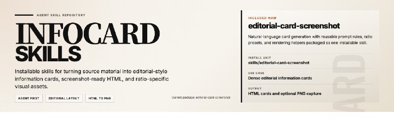 infocard-skills: 面向信息卡生成场景的轻量级开源 Agent Skills 仓库• 提供可复用的 skill package，当前主打的 editorial-card-screenshot 可将原始文本转换为适合截图传播的 HTML 信息卡• 支持自然语言直接调用，Agent 安装后即可完成内容整理、信息卡排版，并可按需进一步输出 PNG• 仓库结构清晰，包含 SKILL.md、assets、scripts、references 等完整技能目录，适合快速集成到自定义 Agent 工作流
