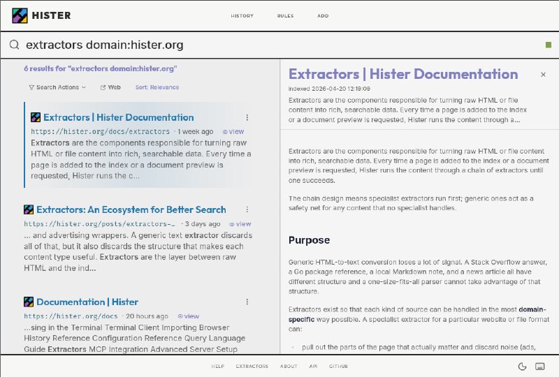 Hister: 面向个人知识库与浏览记录的私有搜索引擎• 为网页内容、本地文件和浏览历史建立全文索引，支持通过 Web、终端与 MCP 客户端统一检索• 提供 Firefox 与 Chrome 扩展自动采集新访问页面，同时支持导入历史记录与站点爬取• 支持语义搜索、多用户隔离和自托管部署，适合搭建可控的个人搜索基础设施