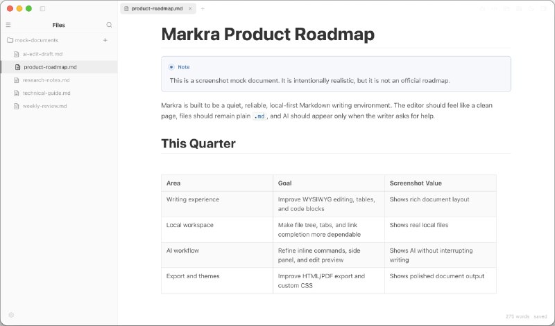 #markdown Markra - 一个原生集成 AI 的所见即所得 Markdown 编辑器 下载页面 |  在线使用Markra 支持所见即所得和源码两种模式，AI 可无缝辅助润色、改写、续写、总结、翻译等操作