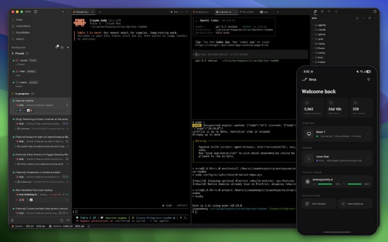 Orca: 面向 AI 编程智能体的多 Worktree 编排器• 并排运行 Claude Code、Codex、OpenCode 等 CLI 智能体，并统一跟踪任务进度• 支持并行 Worktree、终端分屏、AI Diff 标注和 GitHub / Linear 原生集成• 提供 iOS / Android Companion 应用，可在手机上监控智能体并发送后续指令