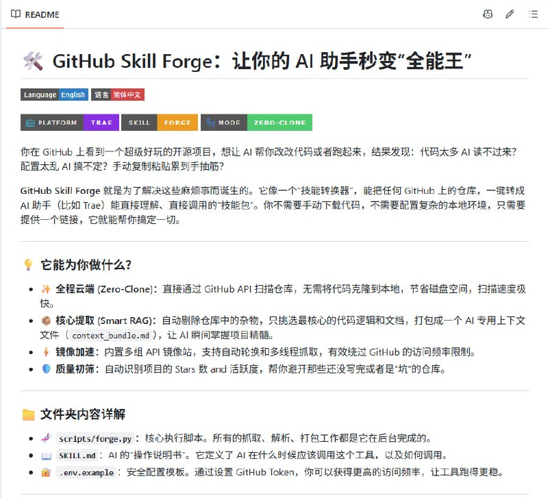 GitHub Skill Forge：把 GitHub 项目整理成 AI 技能包，少做重复配置优先通过 GitHub API 在线读取资料，减少一开始就下载整个项目的需要；在线扫描失败时，会回退到浅克隆