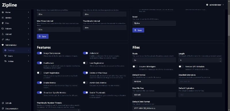 Zipline: 开箱即用的自托管文件分享平台• 支持 Docker 一键部署，快速上线  • 丰富的功能：文件夹、标签、URL 缩短、OAuth2、2FA、密码保护等  • 可选本地或 S3 存储，配合自定义主题与 PWA  